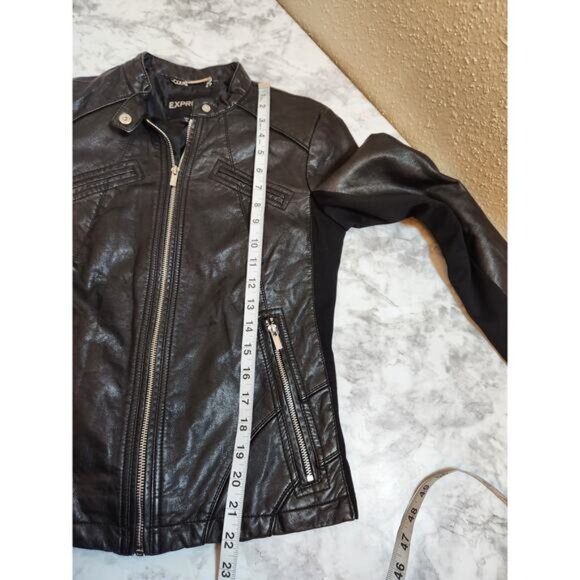 Express Womens Black Solid Long Sleeve Full Zip Faux Leather Biker Jacket Small - Picture 6 of 6